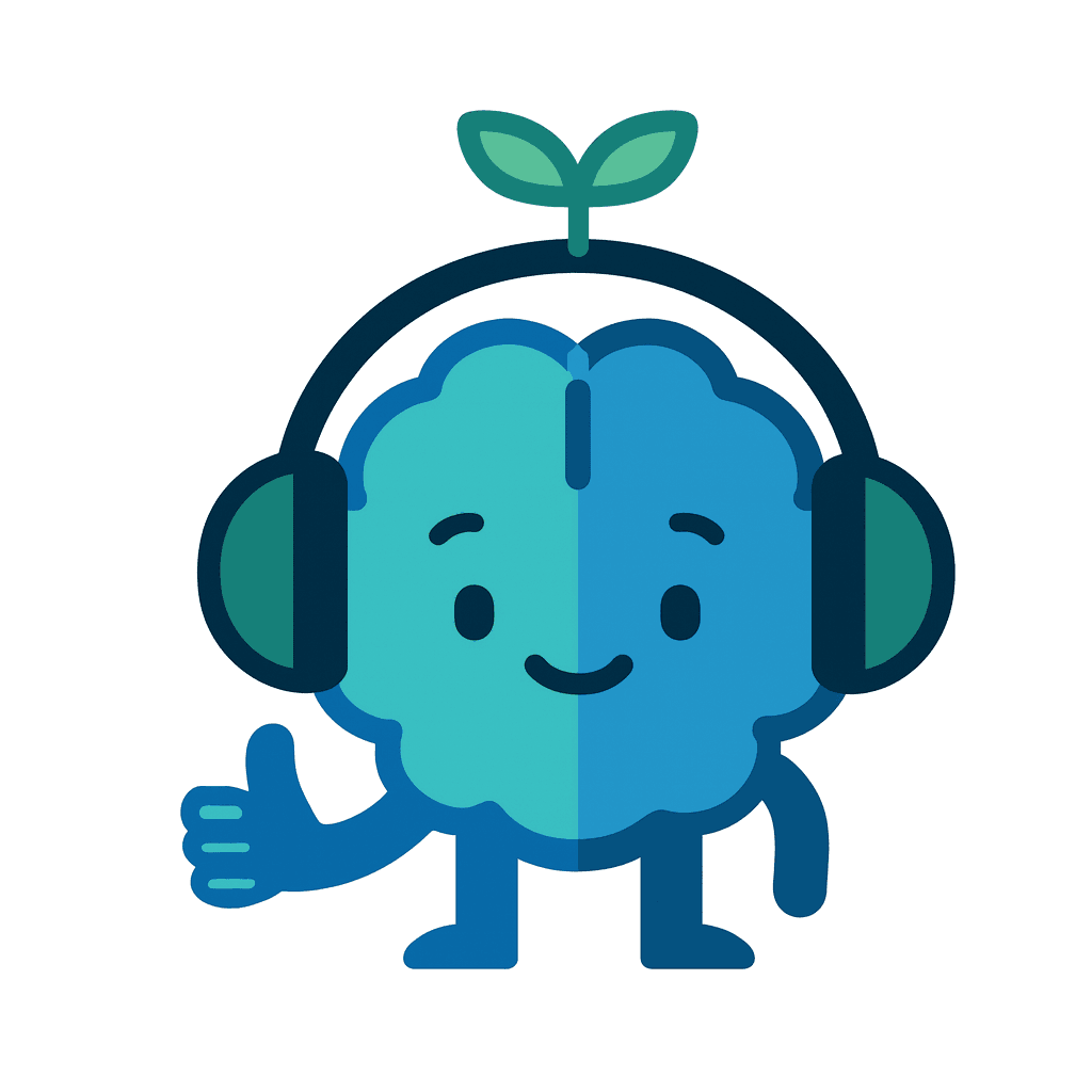 The Together Tech Labs mascot: a smiling brain wearing headphones, with a green sprout growing from the top
